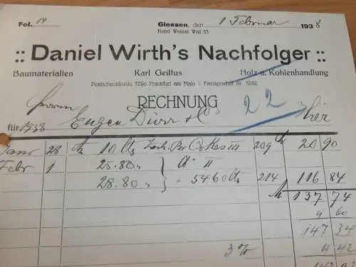 Baumaterial Karl Geilfus / Daniel Wirth in Gießen , 1938 , Reklame , Giessen , altes Dokument !