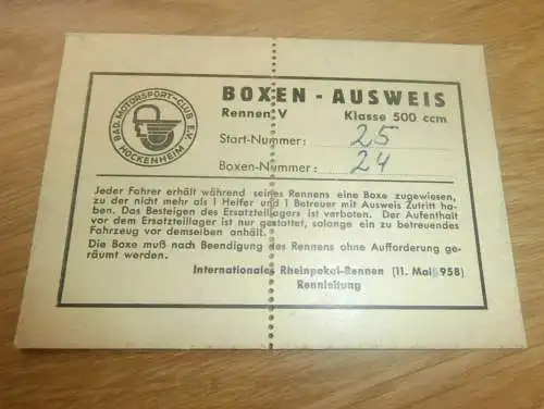 Hockenheim - Rheinpokal-Rennen 1958 , Boxenausweis von Rennfahrer Kurt Maul - DDR-Meister , Motorsport , Motorradrennen