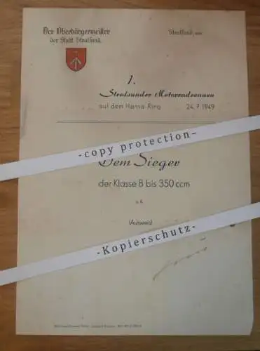 1. Stralsunder Motorradrennen 1949 , Rennfahrer Kurt Maul - DDR-Meister , Hansa-Ring Stralsund , Rennsport , DDR !!!