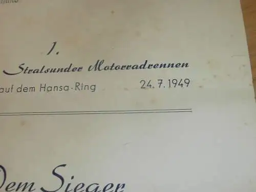 1. Stralsunder Motorradrennen 1949 , Rennfahrer Kurt Maul - DDR-Meister , Hansa-Ring Stralsund , Rennsport , DDR !!!