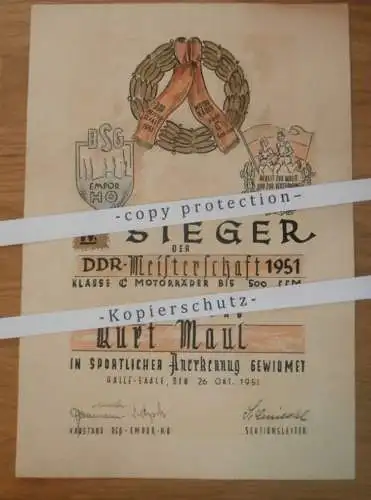 Urkunde - Halle / Saale - DDR-Meisterschaft 1951 , Rennfahrer Kurt Maul - DDR-Meister , Motorradrennen , Rennsport , DDR