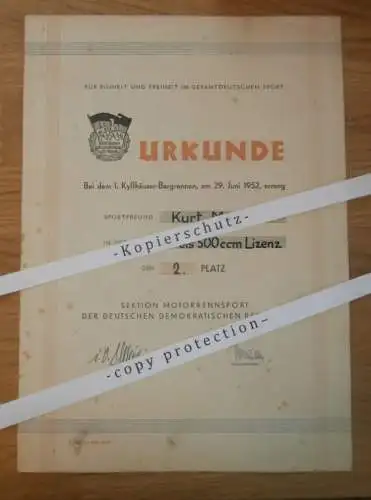 1. Kyffhäuser-Bergrennen 1952 , 2. Platz Rennfahrer Kurt Maul - DDR-Meister , Kelbra , Motorradrennen , Rennsport , DDR
