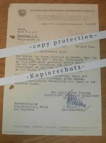 ADMV an Rennfahrer Kurt Maul - DDR-Meister im Motorradrennen ,1958 , Eifelrennen , Ecce-Homo , Rennsport , DDR !!