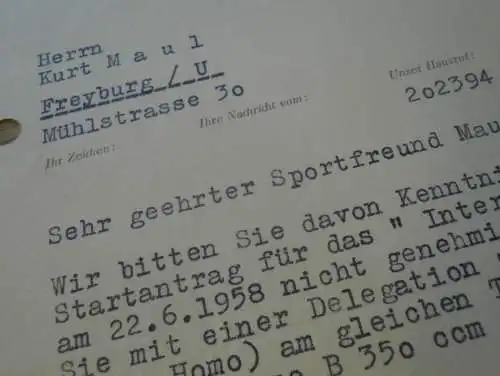 ADMV an Rennfahrer Kurt Maul - DDR-Meister im Motorradrennen ,1958 , Eifelrennen , Ecce-Homo , Rennsport , DDR !!