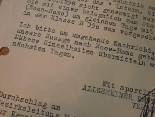 ADMV an Rennfahrer Kurt Maul - DDR-Meister im Motorradrennen ,1958 , Eifelrennen , Ecce-Homo , Rennsport , DDR !!