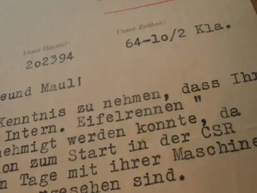 ADMV an Rennfahrer Kurt Maul - DDR-Meister im Motorradrennen ,1958 , Eifelrennen , Ecce-Homo , Rennsport , DDR !!