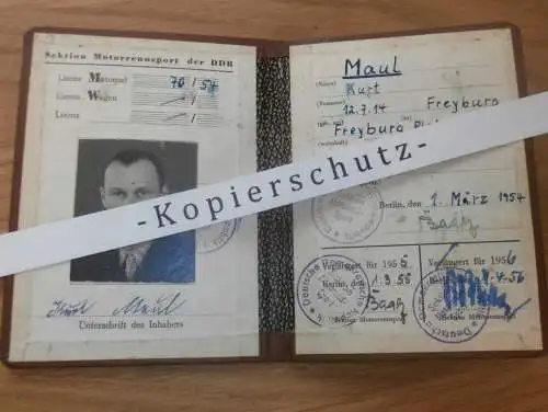 Fahrerlizenz von Kurt Maul - DDR-Meister im Motorradrennen , 1954 , ADMV , Freyburg , Rennsport , DDR !!