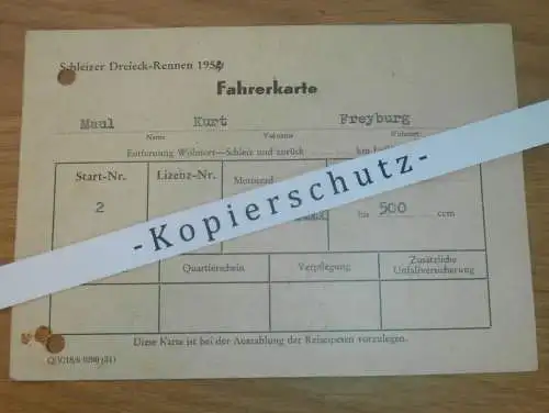 Schleizer Dreieck-Rennen 1954 - Fahrerkarte v. Kurt Maul DDR-Meister im Motorradrennen - ADMV , Rennsport , DDR !!