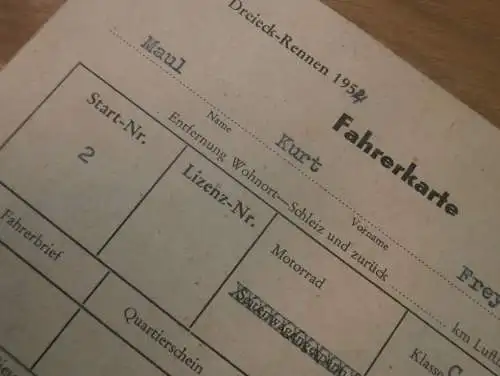 Schleizer Dreieck-Rennen 1954 - Fahrerkarte v. Kurt Maul DDR-Meister im Motorradrennen - ADMV , Rennsport , DDR !!