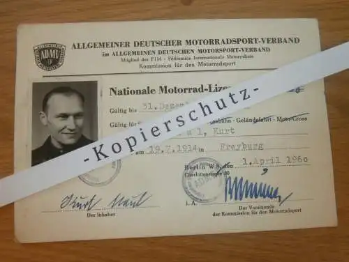 Ausweis / Lizenz - Kurt Maul - 1960 , DDR-Meister im Motorradrennen - ADMV , Rennsport , Straßenrennen , Freyburg , DDR