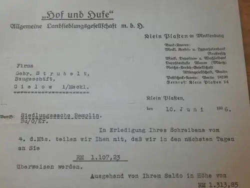 Hof und Hufe - Klein Plasten i. Mecklenburg , 1936 , Landsiedlungsgesellschaft , Waren , Siedlung Remplin b. Malchin !!