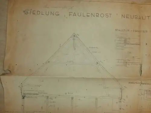 Siedlung Faulenrost i. Mecklenburg , 1934 , alter Plan , Neubau Scheune , Architektur , ca. 650x350 mm !!!