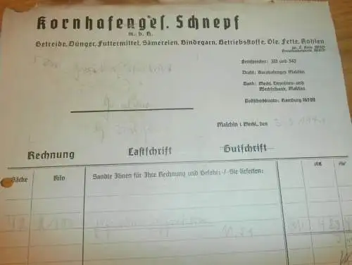 Kornhafen GmbH Schnepf in Malchin i. Mecklenburg , 1941 , Dünger , Sämereien , Getreide , alte Rechnung !!!