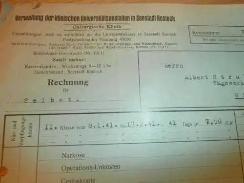 Universitätsklinik Seestadt Rostock i. Mecklenburg , 1941 , alte Rechnung , Krankenhaus , Klinik , Chirurgie !!!
