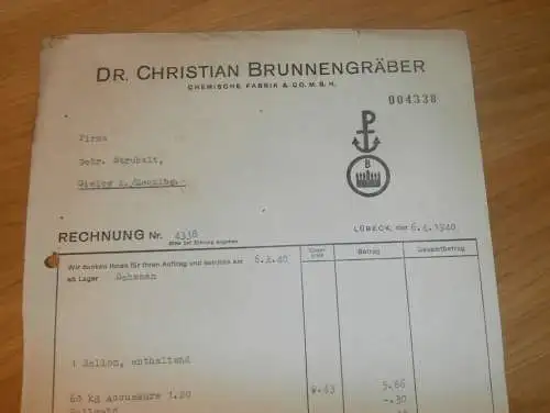 Dr. Christian Brunnengräber in Lübeck , 1940 , Chemische Fabrik , Lager Schwaan , alte Rechnung !!!