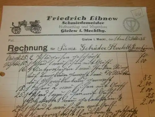 Fritz Libnow in Gielow i. Mecklenburg , 1935 , Hufbeschlag und Wagenbau , Schmiede , alte Rechnung !!!