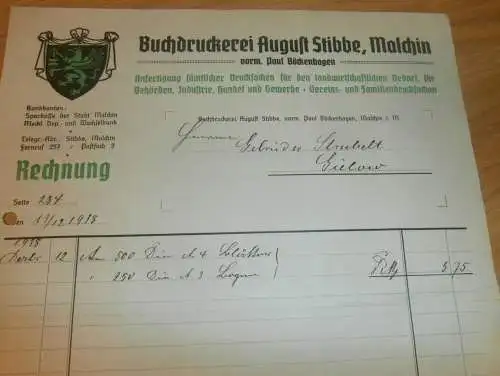 Druckerei August Stibbe in Malchin i. Mecklenburg , 1938 , Paul Böckenhagen , alte Rechnung !!!