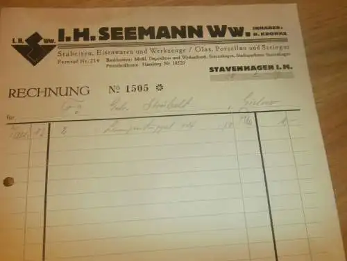 I.H. Seemann in Stavenhagen i. Mecklenburg , 1939 , B. Kronke , Porzellan , Steingut , alte Rechnung !!!