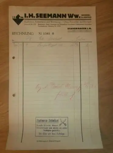 I.H. Seemann in Stavenhagen i. Mecklenburg , 1939 , B. Kronke , Porzellan , Steingut , alte Rechnung !!!