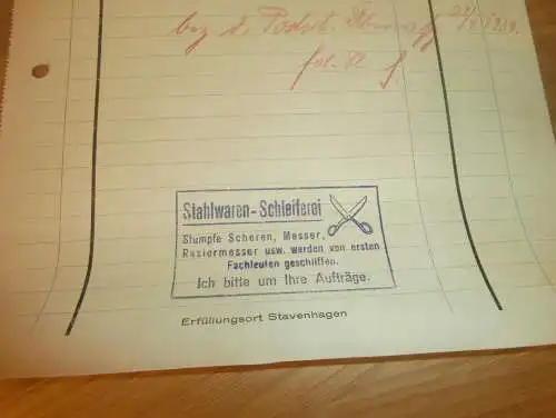 I.H. Seemann in Stavenhagen i. Mecklenburg , 1939 , B. Kronke , Porzellan , Steingut , alte Rechnung !!!