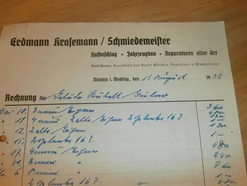 Schmiedemeister Erdmann Krasemann in Malchin i. Mecklenburg , 1939 , Schmiede , Fahrzeugbau , alte Rechnung !!!