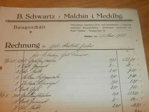 Baugeschäft Hermann Schwartz in Malchin i. Mecklenburg , 1938 , Bau , Gielow , alte Rechnung !!!