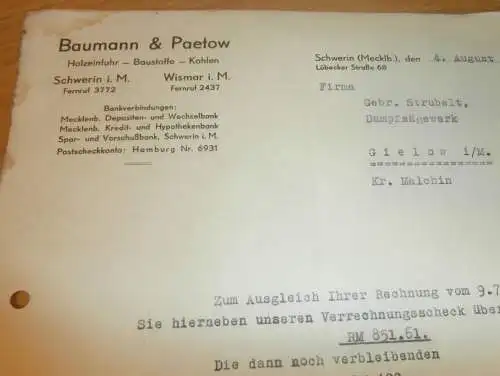 Holzeinfuhr Baumann & Paetow in Schwerin und Wismar i. Mecklenburg , 1937 , altes Dokument !!!