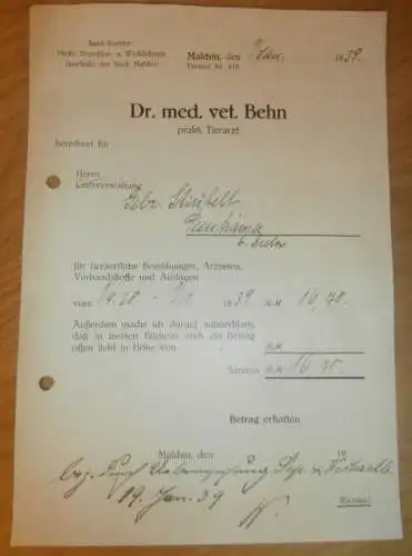 Tierarzt Dr. med. vet. Behn in Malchin i. Mecklenburg , 1939 , Gielow , Kuh Nachgeburt entfernt , alte Rechnung !!!