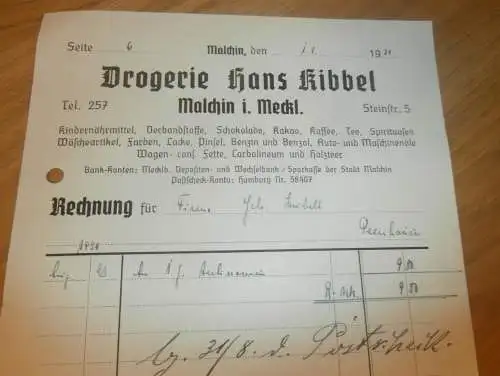 Drogerie Hans Kibbel in Malchin i. Mecklenburg , 1939, Gielow , alte Rechnung !!!