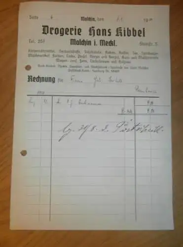 Drogerie Hans Kibbel in Malchin i. Mecklenburg , 1939, Gielow , alte Rechnung !!!