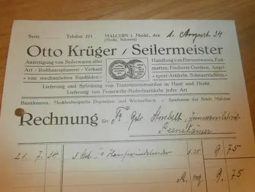 Seilermeister Otto Krüger in Malchin i. Mecklenburg , 1934 , Hanf , Hanfbinder , alte Rechnung !!!
