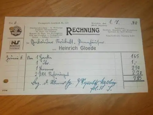 Eisenwaren Heinrich Gloede in Malchin i. Mecklenburg , 1942 , Gielow , alte Rechnung !!!
