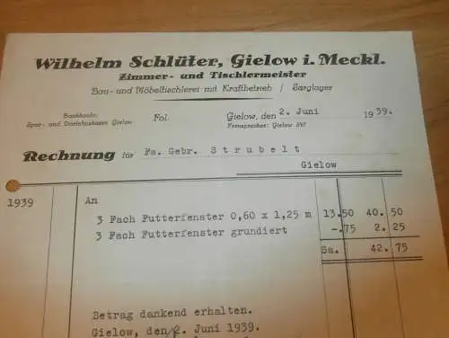 Wilhelm Schlüter in Gielow i. Mecklenburg , 1939 , Zimmerei , Tischlerei , Tischler , alte Rechnung !!!