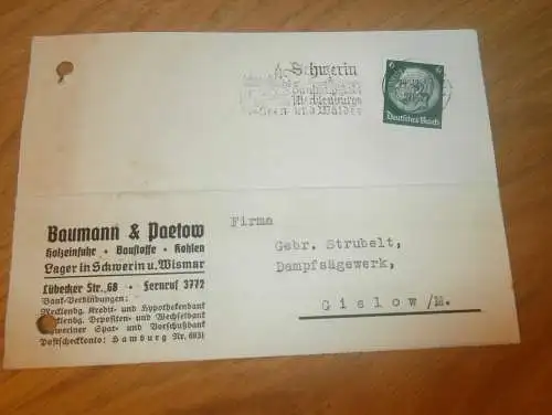 Holzeinfuhr Baumann & Paetow in Schwerin und Wismar i. Mecklenburg , 1939 , altes Dokument !!!