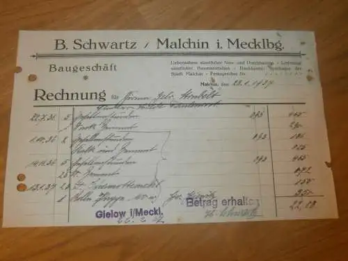 Baugeschäft Hermann Schwartz in Malchin i. Mecklenburg , 1937 , Bau , Gielow , alte Rechnung !!!