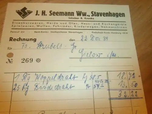I.H. Seemann in Stavenhagen i. Mecklenburg , 1939 , B. Kronke , Porzellan , Steingut , alte Rechnung !!!