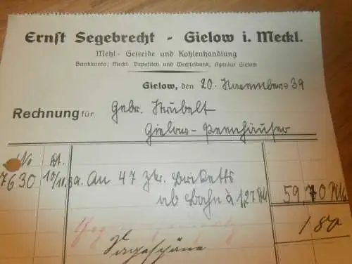 Mehl- und Kohlenhandel - Ernst Segebrecht in Gielow i- Mecklenburg , 1939 , altes Dokument !!!