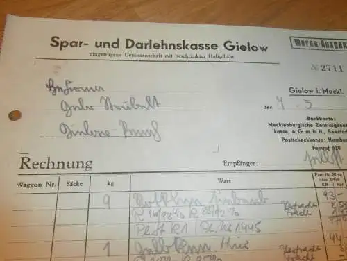Spar- und Darlehnskasse in Gielow , 1940, Futtermittel , Strubelt in Gielow in Mecklenburg , Sparkasse , altes Dokument