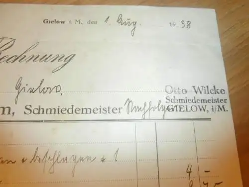 Schmiedemeister W. Krumm in Gielow i. Mecklenburg , 1938 , Schmiede , alte Rechnung !!!