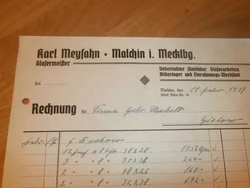 Glasermeister Karl Meysahn in Malchin i. Mecklenburg , 1939 , altes Dokument !!