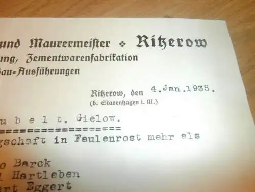 Architekt und Maurermeister - Johannes Tock in Ritzerow i. Mecklenburg , 1935 , Gefolgschaft Faulenrost , altes Dokument