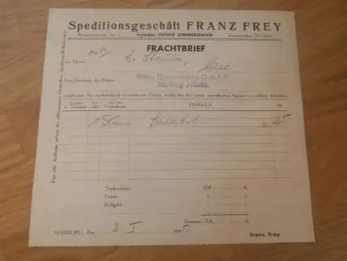 Frachtbrief Spedition Franz Frey in Marburg a. Lahn , 1935 , Edeka Grosshandel , Georg Zimmermann , altes Dokument !!