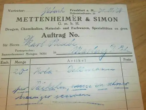Mettenheimer & Simon in Frankfurt a. Main , 1928 , Drogen , Chemikalien , Drogerie , altes Dokument !!