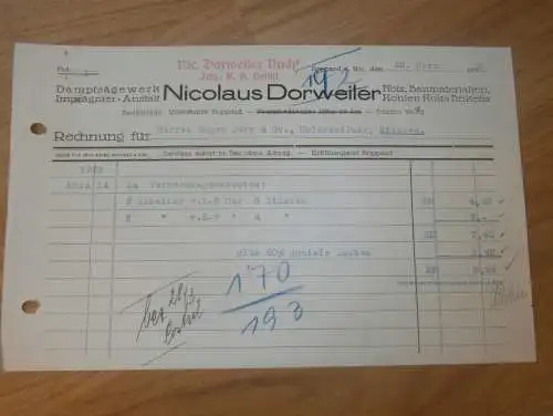 Dampfsägewerk - Nicolaus Dorweiler in Boppard a. Rhein , 1938 , Reklame , altes Dokument !!!