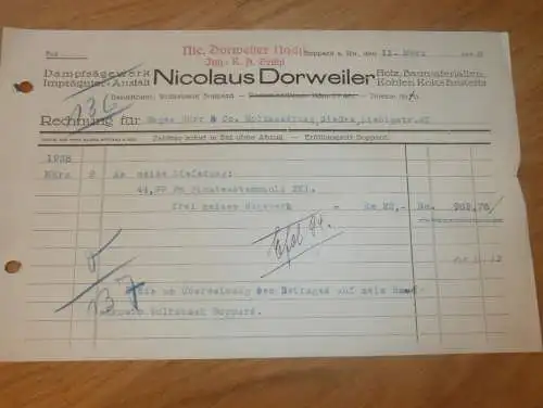 Dampfsägewerk - Nicolaus Dorweiler in Boppard a. Rhein , 1938 , Reklame , altes Dokument !!!