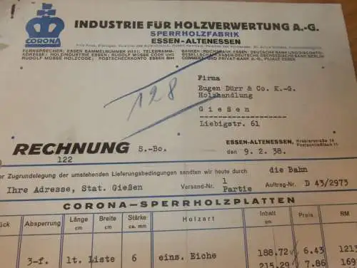 CORONA - Sperrholzfabrik in Essen - Altenessen , 1938 , Holzhandel , Holz , Holzbau , alte Rechnung !!