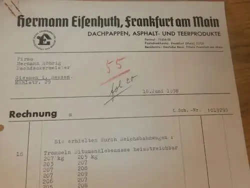 Dachpappe und Asphalt - Hermann Eisenhuth in Frankfurt a. Main , 1938 , alte Rechnung !!