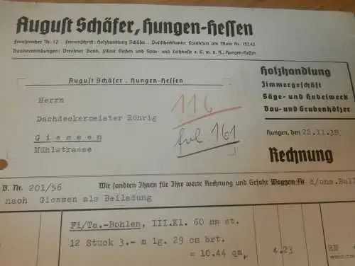 Holzhandel und Zimmerei - August Schäfer in Hungen-Hessen , 1938 , Hungen , altes Dokument !!