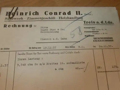 Heinrich Conrad in Treis a.d. Lumda , 1937 , Staufenberg , Holzbau , Holzhandel , Sägewerk , Lollar , altes Dokument !!