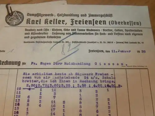 Sägewerk - Karl Keller in Freienseen b. Laubach , 1938 , Reklame , altes Dokument !!!